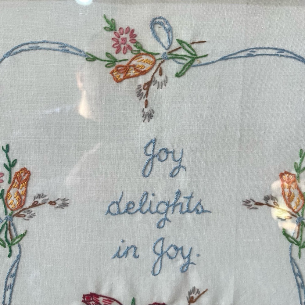 joy delights in joy embroidered framed Piece Flowers 12.5” X 15.5” Grandma Core - Picture 4 of 8